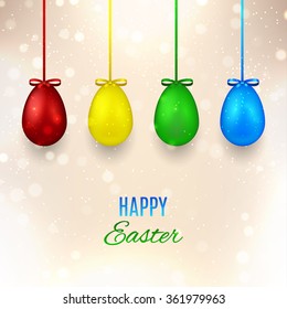 Happy Easter banner with color eggs. Elegant vector illustration with a congratulation. Realistic color eggs with bows on tapes.
