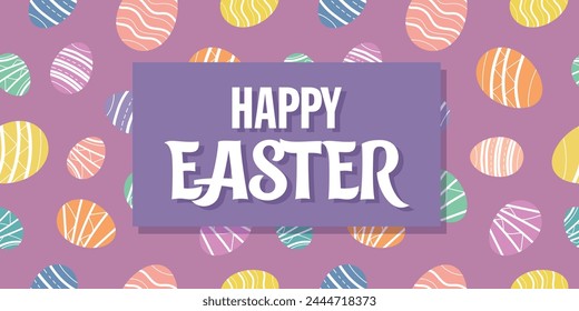 Feliz Anuncio de Pascua con huevos decorativos de colores sobre fondo púrpura. Huevos de Pascua de fondo decorativo. Encabezado de feliz Pascua, póster, tarjeta de felicitación. Diseño de Pascua de moda