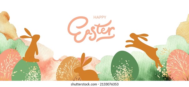 Cartel de Feliz Pascua. Diseño colorido con formas abstractas de acuarela, conejillos, huevos, mantas doradas.