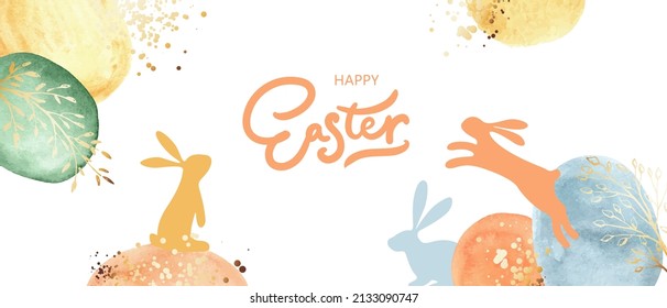 Happy Easter banner. Colorful design with  watercolor abstract forms, bunnies, eggs, golden splatters, botanicals.