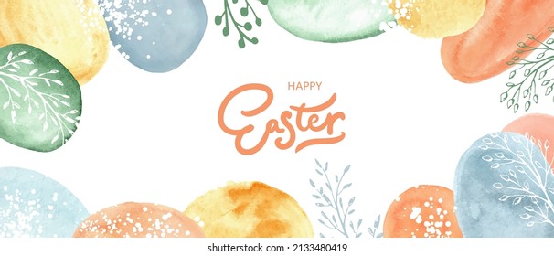 Happy Easter banner. Colorful design with  watercolor abstract forms, eggs, golden splatters, botanicals.