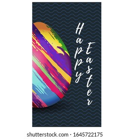 Happy easter banner with colorful egg. Traditional spring holiday symbol. Greeting card template with beautiful egg painted with paint brush strokes. Christian celebration event vector illustration.