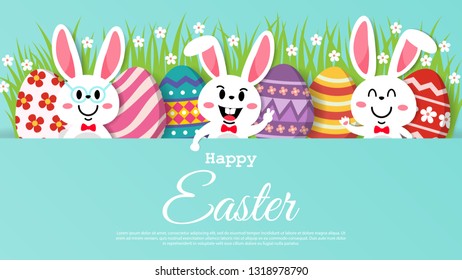 happy easter banner with colorful eggs and little rabbit in garden on blue background. vector design for your greetings card, flyers, web banner, invitation, posters, brochure, banners, calendar.