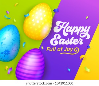 Happy Easter Banner with Colorful Eggs. Easter Greeting Card Template. International Spring Celebration Design Party Invitation, Flyer, Poster. Vector illustration