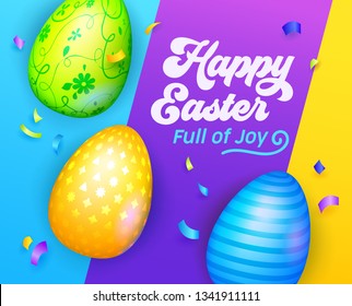 Happy Easter Banner with Colorful Eggs. Easter Greeting Card Template. International Spring Celebration Design Party Invitation, Flyer, Poster. Vector illustration