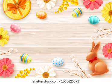 Bannière de Joyeuses Pâques avec Oeufs colorés, branches de saules, fleurs et lapin de Pâques au chocolat. Tables en bois sur fond flou. Annoncer et acheter un modèle de bannière pour la fête de Pâques. Illustration vectorielle.