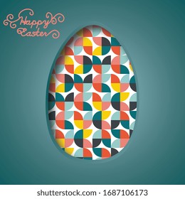 Happy Easter banner. Colorful Easter eggs and 3d abstract multicolor paper cut shapes. Design for holiday flyer, poster, greeting card, party invitation. Vector illustration.