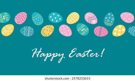 Happy Easter banner with colorful eggs. Horizontal simple background with egg pattern and congratulatory inscription. Vector graphics