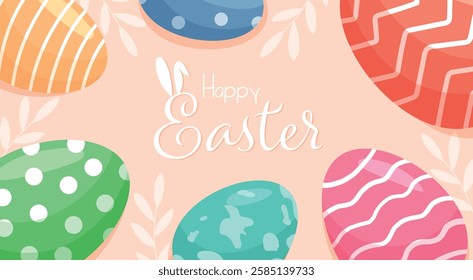 Happy Easter. Banner with easter colorful eggs. Modern style design, pastel colors. Easter holiday. Vector illustration