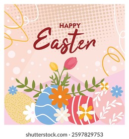 Happy Easter banner with colorful Easter eggs and spring flowers. Vibrant spring religious celebrations. Easter 2025 concept. Flat vector illustration.