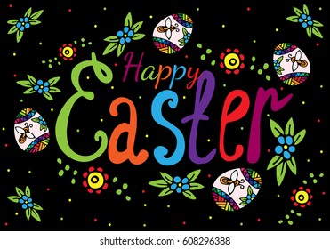 Happy Easter banner with colorful eggs frame on the black background. Template for Easter voucher, brochure, card and other design. Vector illustration.