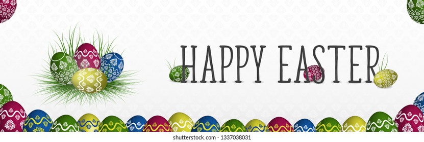 Happy Easter banner with colorful painted eggs on the grass and below banner with a pattern on the background