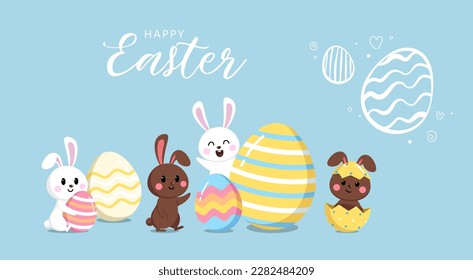 Happy Easter banner with colorful and pattern egg, white and brown bunny. Cartoon character animals on a blue background with large congratulatory inscription. Vector illustration for holiday, spring.