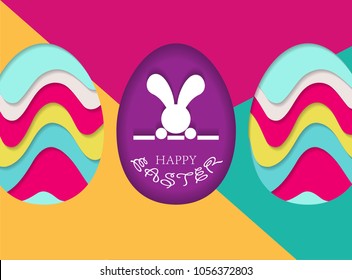 Happy Easter banner. Colourful Easter eggs and abstract paper cut shapes. Design for holiday flyer, poster, greeting card, party invitation. Vector illustration.