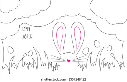 Happy Easter Banner Concept. Line art or One Line, Continuous line Drawing of Sweet Bunny silhouette. Line Web Design. Minimalistic hand drawn illustration. Greeting card holiday template for kids.