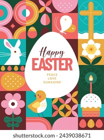 Happy Easter Banner Concept. Vector illustration in trendy flat geometric abstract style with Easter symbols: eggs, bunny, cross, Easter cake. Place for your text.