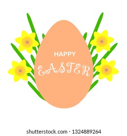 Happy Easter banner. Coral egg, yellow daffodil on white. Design element stock vector illustration for web, for print