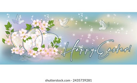 Pancarta de Feliz Pascua. Huevos de Pascua con flores de primavera, ilustración vectorial
