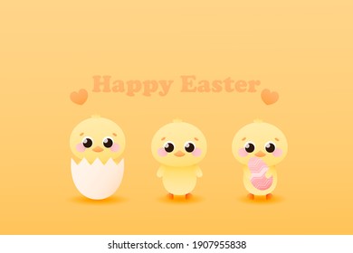 Happy easter banner with cute animal characters - chiks in shell and holding gaint painted egg, childish greeting card on yellow background in cartoon style