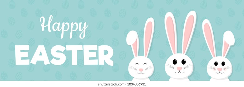 Happy Easter - banner with cute bunnies and greeting. Vector.