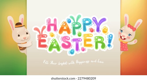 Happy Easter Banner with Cute Bunnies and Colorful Eggs. Vector Easter poster and header template for holiday project.