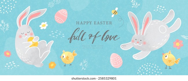 Happy Easter banner with cute bunnies, chicks, Easter eggs, bee and flowers. Cartoon vector illustration with watercolor funny animals on blue grainy background.