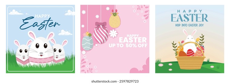 Happy Easter banner with cute bunnies. Easter sale banner with colorful eggs and floral elements. Festive spring Easter celebration. Easter 2025 concept. Set flat vector illustration.