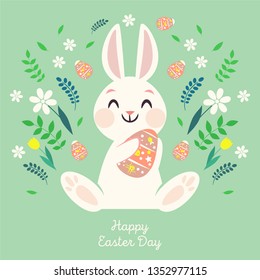 Happy easter banner with cute Bunny, flowers and eggs. Vector illustration in cartoon style. Greeting card. Easter Bunny. 