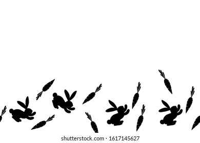 Happy Easter banner with cute bunny,  rabbit and carrot in cartoon style. Vector stock illustration. Template Easter greeting card, vector. Holiday background. Copy space.