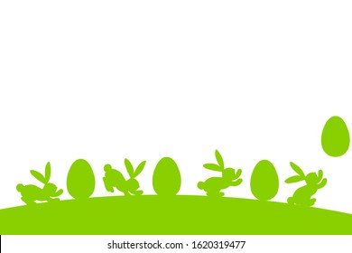 Happy Easter banner with cute bunny,  rabbit and Easter eggs in cartoon style. Vector stock illustration. Template Easter greeting card, vector. Holiday green and white background. Copy space.