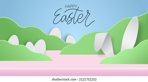 Banner feliz de Pascua con orejas y huevos adorables. Ilustración de corte de papel abstracto vectorial 3d. Copiar espacio. Diseño festivo estudio de mesa de la sala de exposición de productos con conejo de Pascua sobre fondo azul.