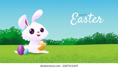 Happy Easter banner with cute bunny and eggs.