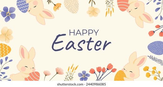 Happy Easter banner with cute Easter bunny, eggs, spring flowers. Trendy design for background in pastel colors. For poster, business card, invitation, flyer, email header. Modern minimal style