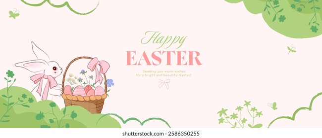 Happy Easter banner with a cute bunny holding a basket of decorated eggs and wildflowers. Hand drawn background with crayon texture and elegant typography. Horizontal template for greeting, poster.