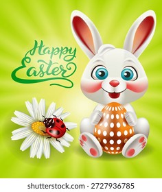 Banner feliz da Páscoa com bonitinho personagem coelho segurando ovo de Páscoa no fundo verde com camomila e joaninha imagem vetorial