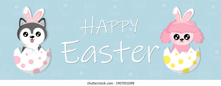Happy Easter banner. Cute cartoon dogs husky and poodle hatching from easter eggs with pink rabbit ears. Festive spring holiday event design in flat cartoon style.