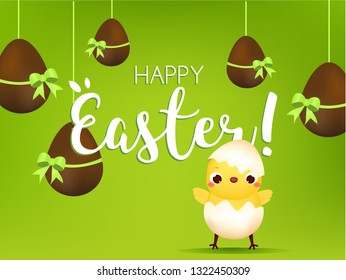 Happy Easter banner. Cute chicken and chocolate eggs. Background for seasonal sale, cards, advertisement design