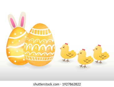 Happy easter banner with cute chickenes and golden easter eggs .
