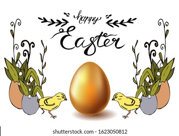 Happy easter banner with cute chickens, grass, lilies of the valley in cartoon style. Realistic egg. Inscription. Vector stock illustration. Easter card template, vector.