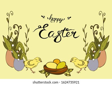 Happy easter banner with cute chickens, grass, lilies of the valley in cartoon style. Inscription. Vector stock illustration. Easter card template, vector.