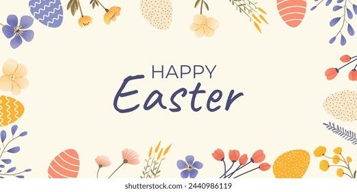 Happy Easter banner with cute Easter eggs, spring flowers. Trendy design for background in pastel colors. For poster, business card, invitation, flyer, email header. Modern minimal style