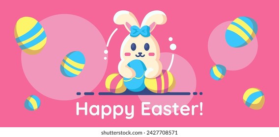 Happy Easter banner with cute flat rabbit with Easter eggs, invitation, greeting for a springtime holiday. Vector illustration.