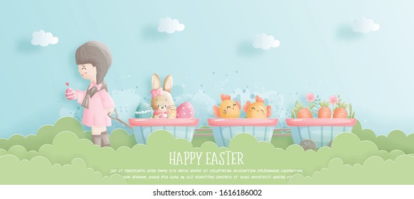 Happy Easter banner with cute girl, bunny and Easter eggs in paper cut style vector illustration.