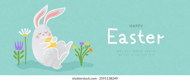 Happy Easter banner with cute grey watercolor bunny and hand drawn spring flowers. Trendy design with grainy texture. Spring template for seasonal greetings, web banner, advertisement. Vector