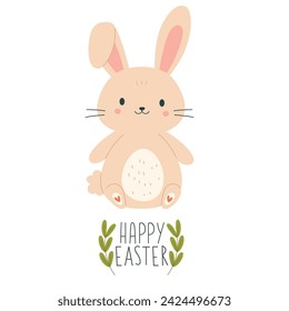 Happy Easter banner with cute hand drawn bunny with hearts and lettering. Vector