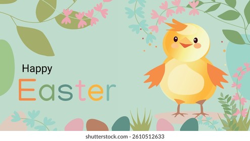 Happy Easter banner. Cute hand drawn, chicken, easter egg, spring flowers, cartoon design on mint background
