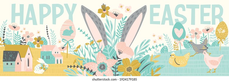 Happy Easter. Banner with cute illustrations of easter symbols and spring nature. Vector template.