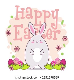 Banner feliz de Pascua con lindo conejo kawaii, huevos de pascua y flores. Tarjeta de saludo colorida con conejito de dibujos animados
