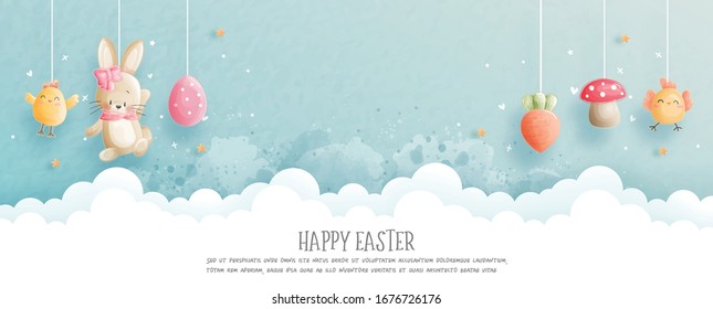 Happy Easter banner with cute rabbit. paper cut style vector illustration.