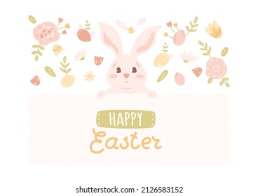 Happy Easter banner with cute rabbit head. Card with bunny, eggs, flowers, leaves in pastel colors. Vector illustration with hand written text on abstract shape. Minimal art with animal.